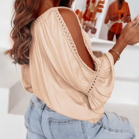 Lace Crochet Cut-Out Bracelet Sleeve Ruffle Blouse - Picture 3 of 5